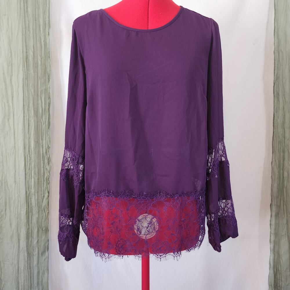 Valerie Stevens Purple Lace Long Sleeve Lightweight Blouse Size M